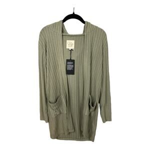 Chaser Open Front Ribbed Lightweight Cardigan‎ with Hood in Olive Green Size S